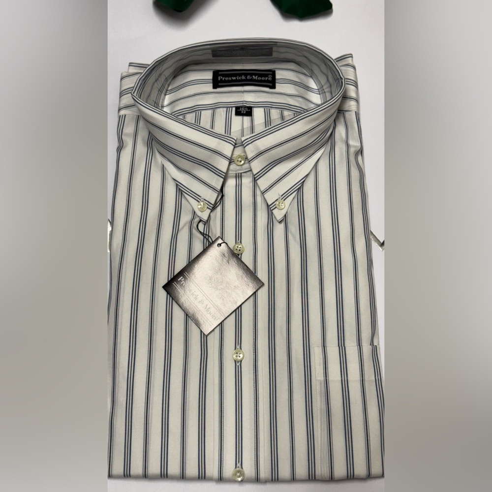 Preswick & Moore White Dress Shirt with Navy Stripes